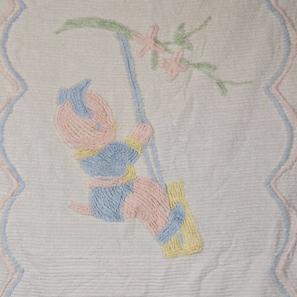 Vintage Baby Blanket Chenille Bedspread 50s 60s Nursery Decor Piglet Pastel READ